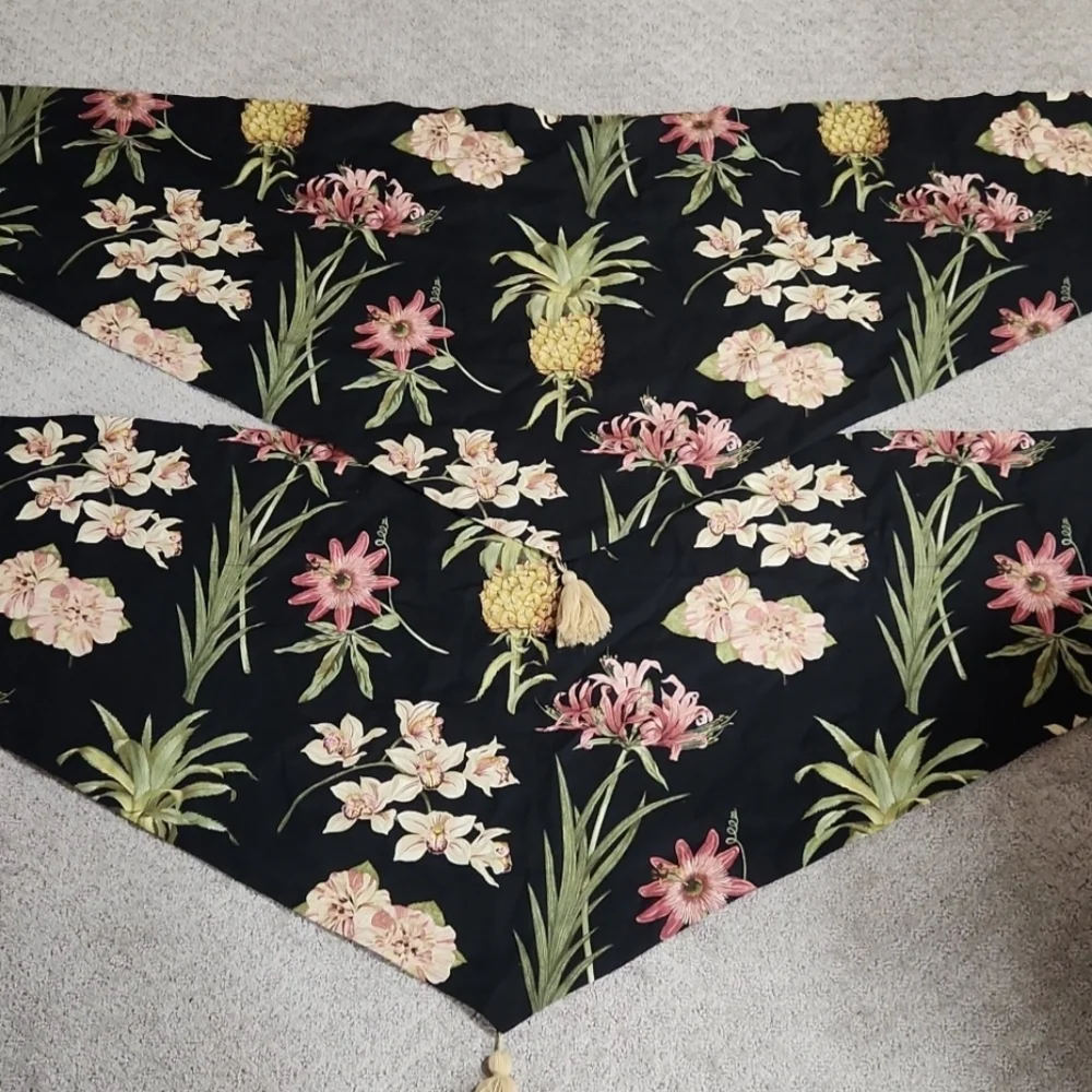 Waverly Tropical Floral and Pineapple Black & Pink Set Of Window Valances